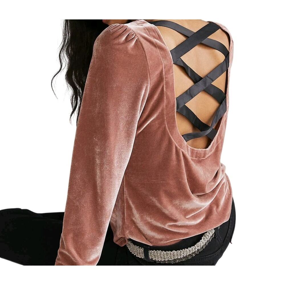 Anthropologie Top Womens Medium Pink Velvet Crisscross Open Back Long Sleeve
